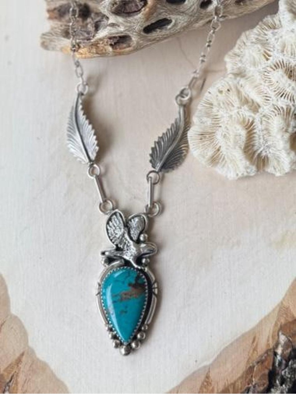 Southwestern Style Sterling Silver Faux Turquoise Eagle Necklace